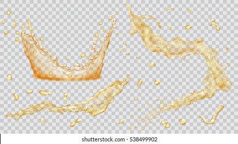 Set of transparent water splashes, drops and crown in yellow colors, isolated on background. Transparency only in vector file