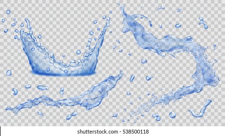 Set of transparent water splashes, drops and crown in blue colors. Transparency only in vector file