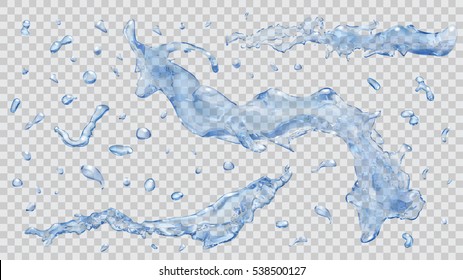 Set of transparent water splashes and drops in blue colors, isolated on background. Transparency only in vector file