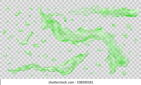 Set of transparent water splashes and drops in green colors, isolated on background. Transparency only in vector file
