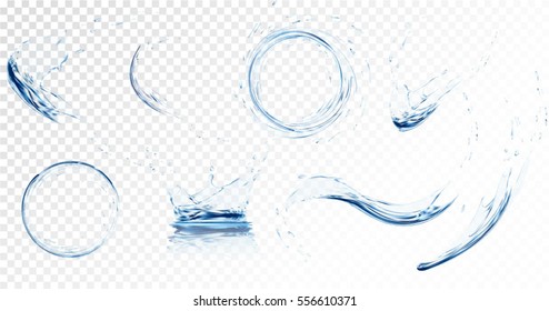 Set of transparent water splashes, water drops and crown from falling into the water in light blue colors, isolated on transparent background. Transparency only in vector file