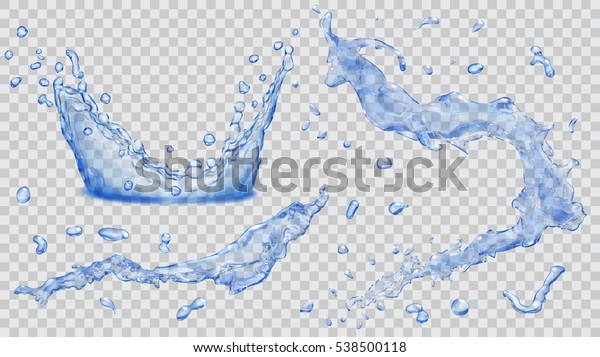透明な水しぶき 水滴 および冠のセットを青の色で表します ベクター画像ファイル内の透過性のみ のベクター画像素材 ロイヤリティフリー