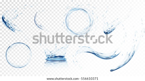 透明な背景に明るい青の色で水に落ちる透明な水しぶき 水滴 およびクラウンのセット ベクター画像ファイル内の透過性のみ のベクター画像素材 ロイヤリティフリー