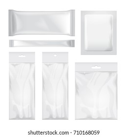 Set of transparent and white blank foil bag packaging for food, snack, coffee, cocoa, sweets, crackers, chips, nuts, sugar. Vector plastic pack mock up for your design