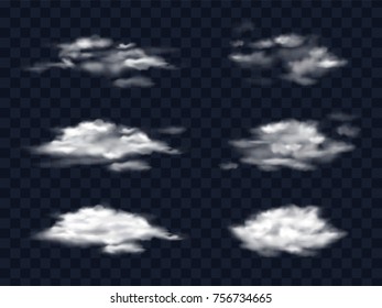 Set of transparent white clouds in a realistic style isolated on a transparent background, vector illustrations. Template, element for design for weather forecast.