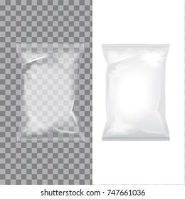 Set of transparent and white foil bag packaging for food, snack, coffee, cocoa, sweets, crackers, nuts, chips. Vector plastic pack mock up for your design