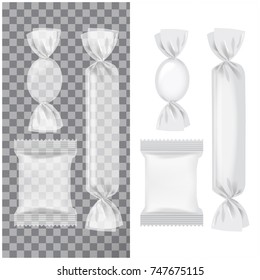 Set of Transparent and White foil pack for candies and other products, food snack pack mock up for your design