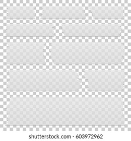 Set of transparent white sticky banners, realistic grey tape pieces, vector illustration.