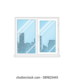 Set of transparent windows with opacity blue glass and city buildings. White frame and different shapes. Realistic vector illustration.