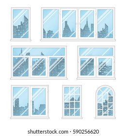 Set of transparent windows with opacity blue glass and city buildings. White frame and different shapes. Realistic vector illustration.