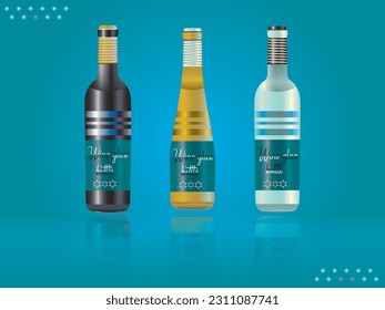 Set of transparent wine bottles, isolated.