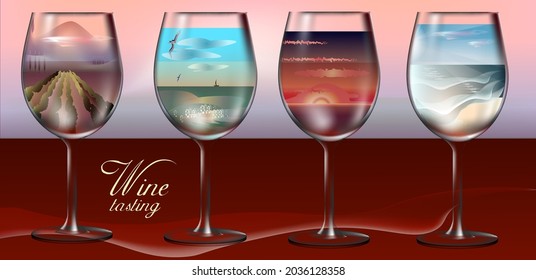 Vektorgrafik zum Thema Wein. Eine Reihe von durchsichtigen Weingläsern mit abstrakter Füllung.
