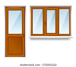 a set of transparent wooden windows with a balcony door. Energy cost saving easy to care window frames