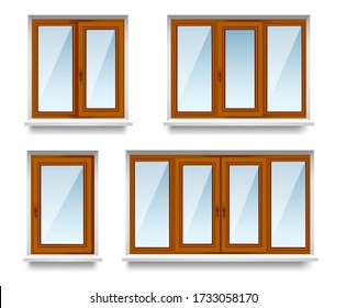 set of transparent wooden windows double and triple. Energy cost saving easy to care window frames
