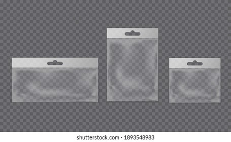 Set of transparent zip bags. Isolated closed vector packages. Empty transparent plastic bag with a zipper.