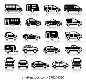 Set of transport black icons with reflection, vector illustrations