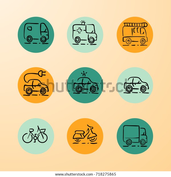 Set of\
transport  - cars, bicycle, motorcycle, truck, fire truck,\
ambulance, police car outlines vector\
illustration