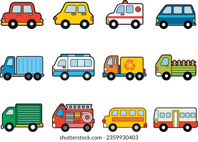 Set of transport and cars in funny cartoon, Set of urban vehicles, vector illustration