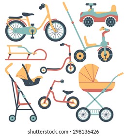 Set of transport for children: baby carriage, pushchair, car seat, baby car, bicycle, kick scooter,  balance-bike, sled. 