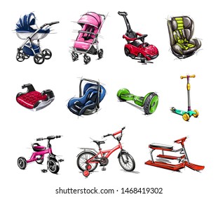 Set of transport for children: baby stroller, stroller, car seat, children's car, bike, scooter, balance bike, sled, car seat, scooter, car