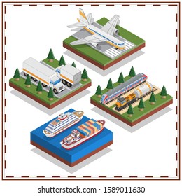 Set of transport elements. Isometric. Isolated on white background. Vector illustration.