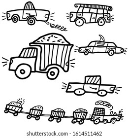 set of transport equipment drawn by hand on a white background. Doodle style.