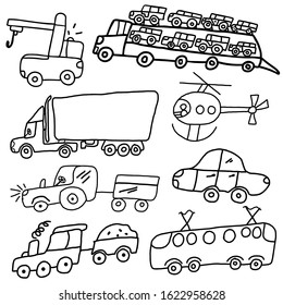 set of transport equipment drawn by hand on a white background. Doodle style.