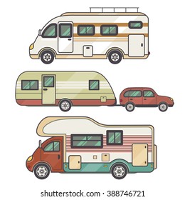 Set transport facility - caravan - car for travel and recreation. Vector illustration motor home isolated on white background. Flat icon camping van. House on wheels for family tourist comfort.