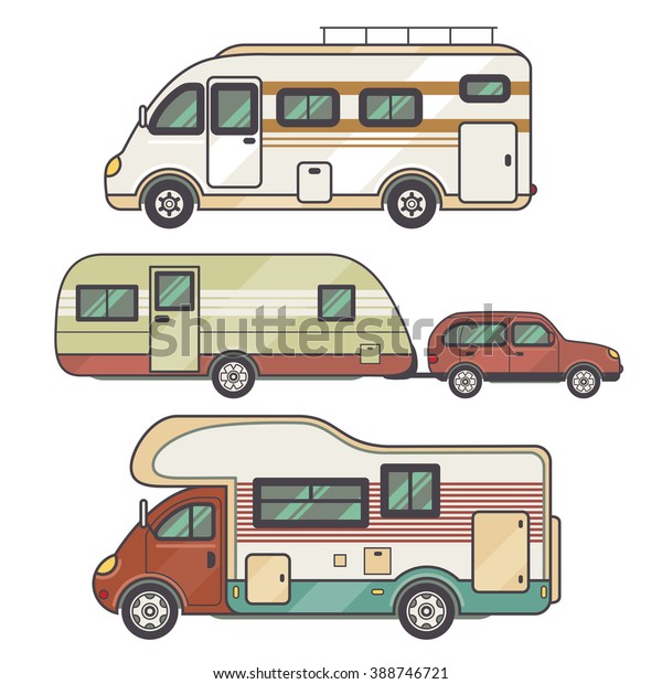 Set transport facility - caravan - car for\
travel and recreation. Vector illustration motor home isolated on\
white background. Flat icon camping van. House on wheels for family\
tourist comfort.