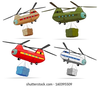 set of transport helicopters with cargo