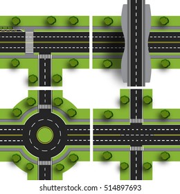 Set transport hub. The intersections of various roads. Roundabout Circulation. Objects with shadow. Vector illustration