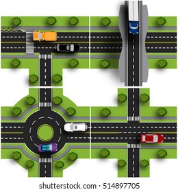 Set transport hub. The intersections of various roads. Roundabout Circulation. Traffic. Objects with shadow. Vector illustration