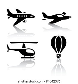 Set Of Transport Icons - Airplane And Helicopter As Well As The Balloon Symbols