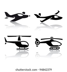 Set of transport icons - airplane and helicopter