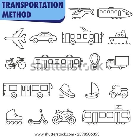Set of transport icons. Different types of transport. Road, rail, air, water transport. EPS 10.