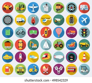 Set of transport icons in flat design with long shadows