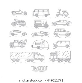 Set of transport icons in flat style car, moto, truck, scooter drawing with gray lines on white background