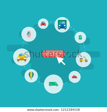 Set of transport icons flat style symbols with van, air balloon, taxi and other icons for your web mobile app logo design.
