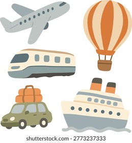 Set of transport icons including plane train ship and balloon in flat style, perfect for travel apps, infographic design