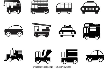 Set of transport icons isolated vector clipart, Silhouette flat icon 