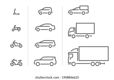 Set of transport icons, line silhouette, motorcycles, passenger cars, delivery transport 