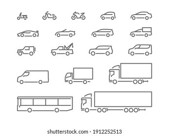 Set of transport icons, line silhouette, motorcycles, cars, delivery transport 