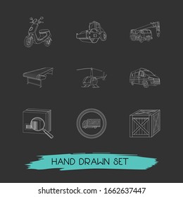 Set of transport icons line style symbols with crane truck, scooter, helicopter and other icons for your web mobile app logo design.