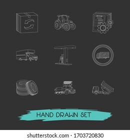 Set of transport icons line style symbols with easy returns, gas station, tractor and other icons for your web mobile app logo design.