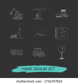 Set of transport icons line style symbols with digger, porter, asphalt paver and other icons for your web mobile app logo design.