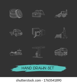 Set of transport icons line style symbols with search box, porter, dump truck and other icons for your web mobile app logo design.