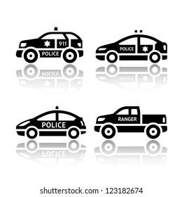 Set of transport icons - Police cars. Silhouettes of vector illustrations isolated on white background, with reflection.