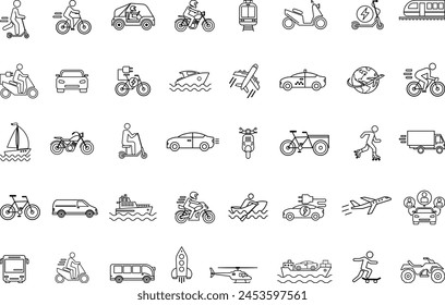 Set of Transport Icons. Vector Icons of Cars, Planes, Helicopters, Trams, Motorcycles, Bicycles, Scooters, Boats, Skateboards, Vans and Others