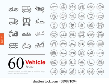 Set of transport icons for web or services. 60 design line vehicle icons high quality, vector illustration.