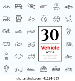 Set of transport icons for web or services. 30 design line vechile icons high quality, vector illustration.